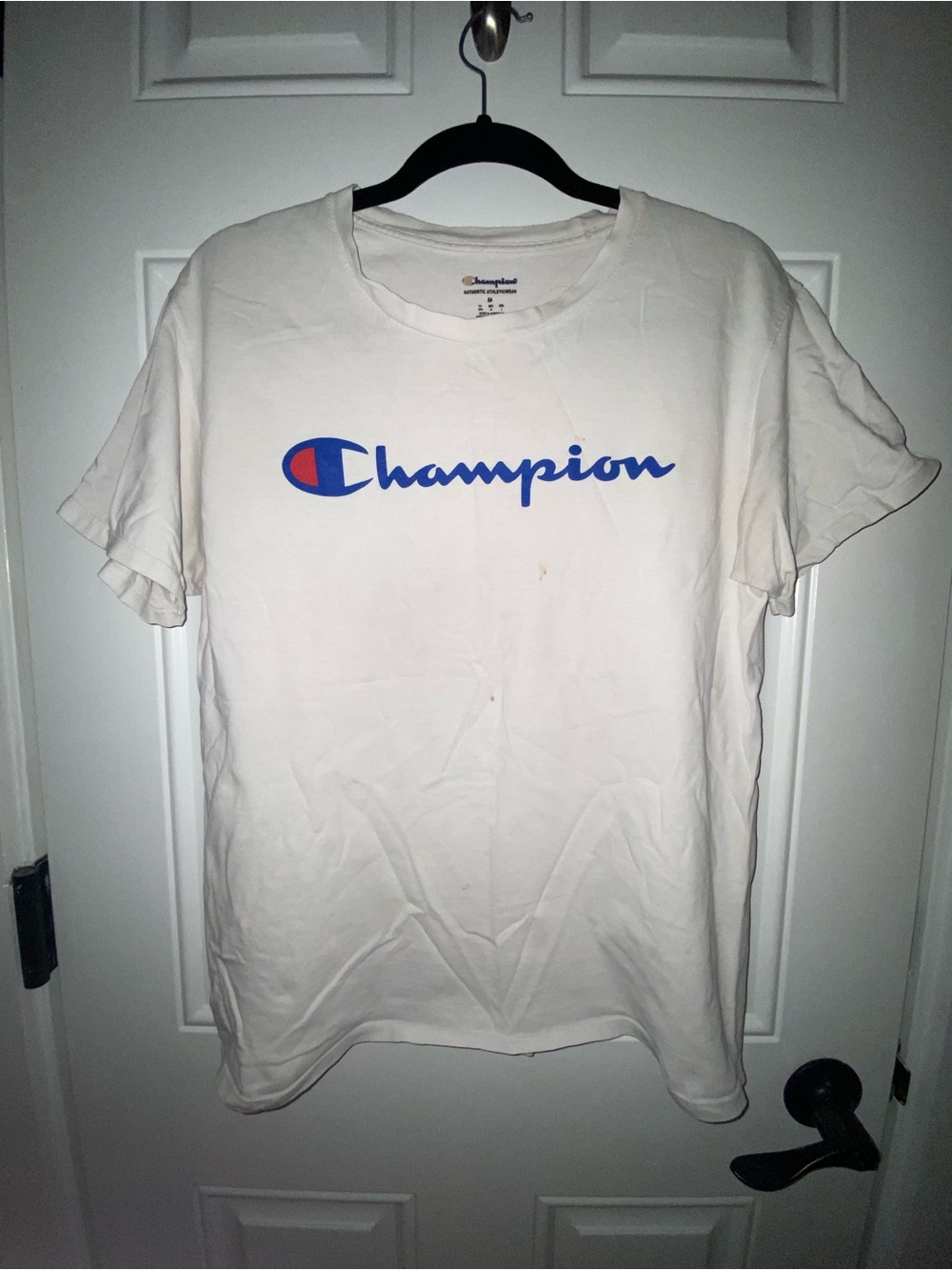 Champion White Short-Sleeve Tee with Blue and Red Logo